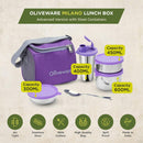 SOPL-OLIVEWARE Oliveware Milano Lunch Box, 3 Stainless Steel Containers And Sipper (300Ml, 450Ml, 600Ml & 400Ml), Steel Spoon, Leak Proof Full Meal & Easy To Carry (Purple), 450 Milliliter