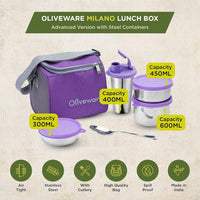 SOPL-OLIVEWARE Oliveware Milano Lunch Box, 3 Stainless Steel Containers And Sipper (300Ml, 450Ml, 600Ml & 400Ml), Steel Spoon, Leak Proof Full Meal & Easy To Carry (Purple), 450 Milliliter