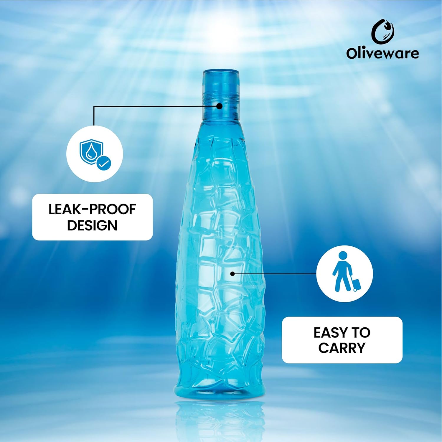 oliveware Stunning Range Premium PET Water Bottle With Better Grip, BPA Free & 100% Leak Proof, 1 Litre Bottle, For Home & Office Use, Pack of 6 - Multi