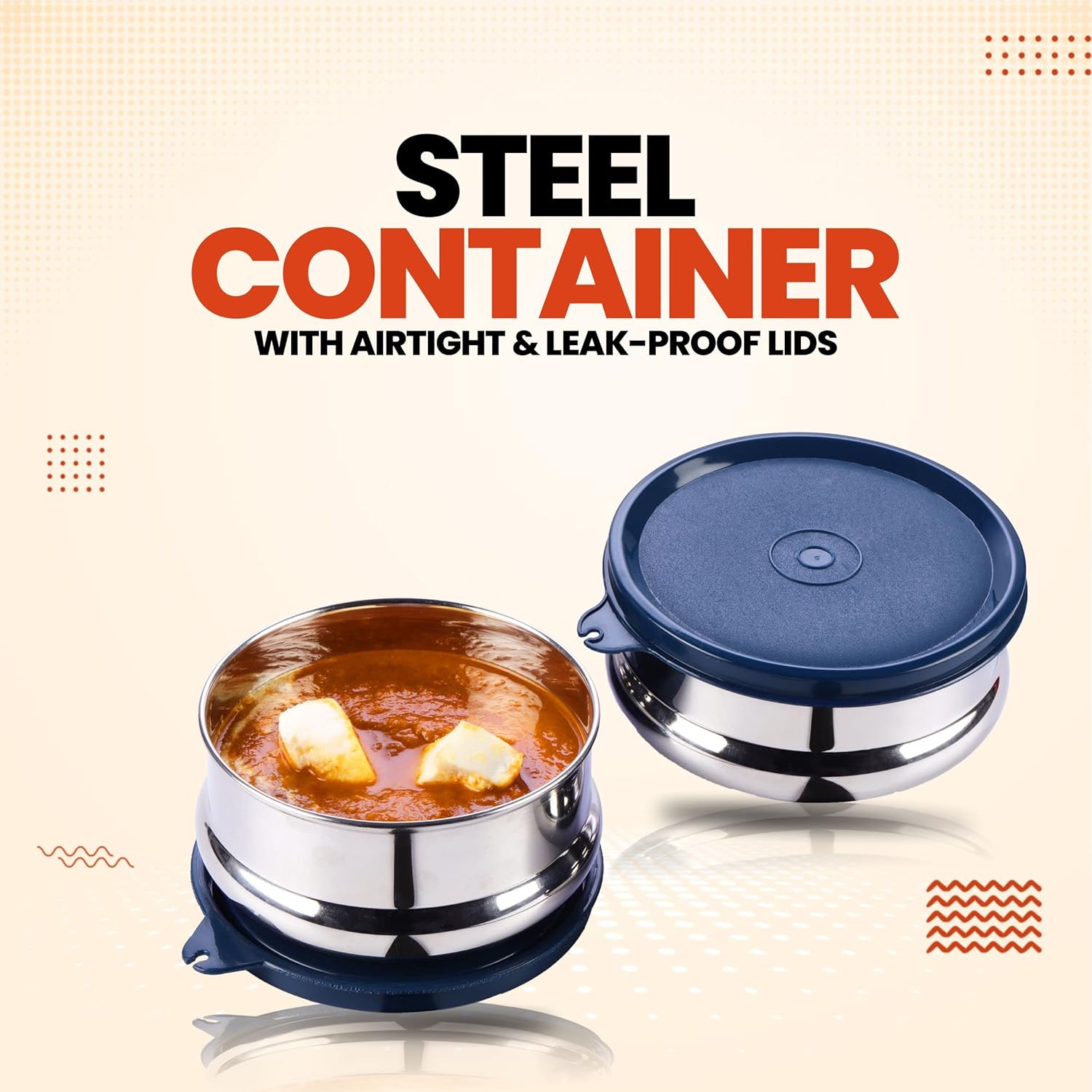 oliveware with Device Wonder Stainless Steel Containers, Leak Proof & Spill Proof, Dishwasher Safe, Set of 2 (450ml) Each - Blue