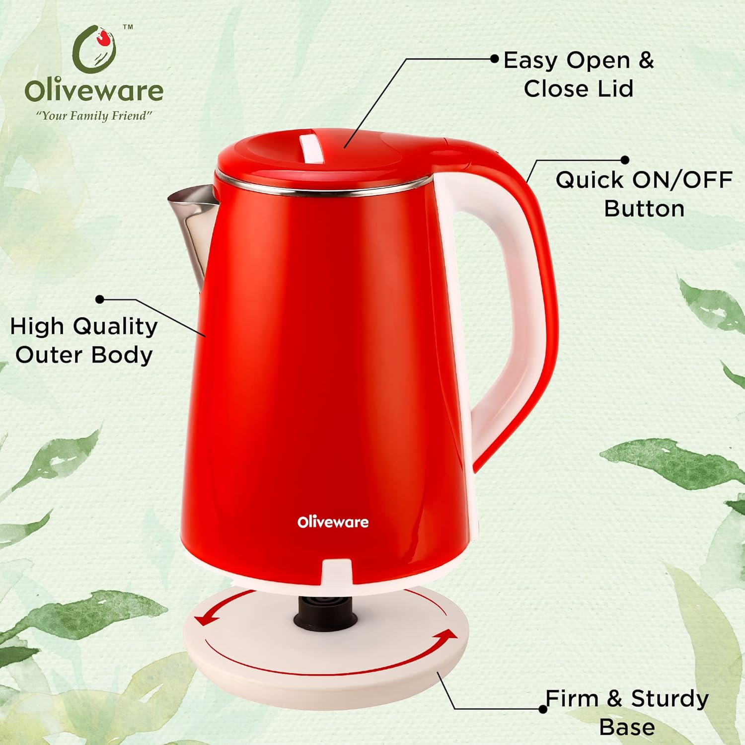 SOPL-OLIVEWARE King Electric Kettle, Stainless Steel with 2.5 Liter Capacity, 360 Degree Rotation, Heat Protection Handle, Automatic Power off, BPA Free - Red