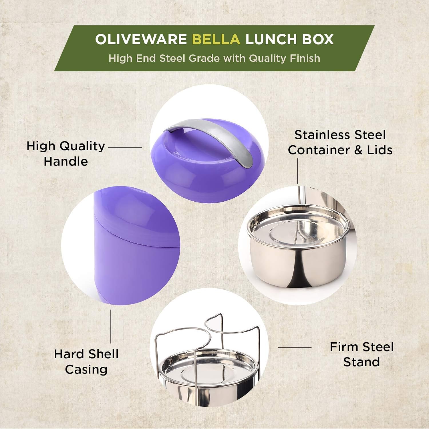 oliveware Bella Lunch Box, 3 Stainless Steel Containers 300ml Each, Insulated Body with Carry Handle, Leak Proof, Complete Meal Hot Case (Violet)