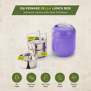 oliveware Bella Lunch Box, 3 Stainless Steel Containers 300ml Each, Insulated Body with Carry Handle, Leak Proof, Complete Meal Hot Case (Violet)