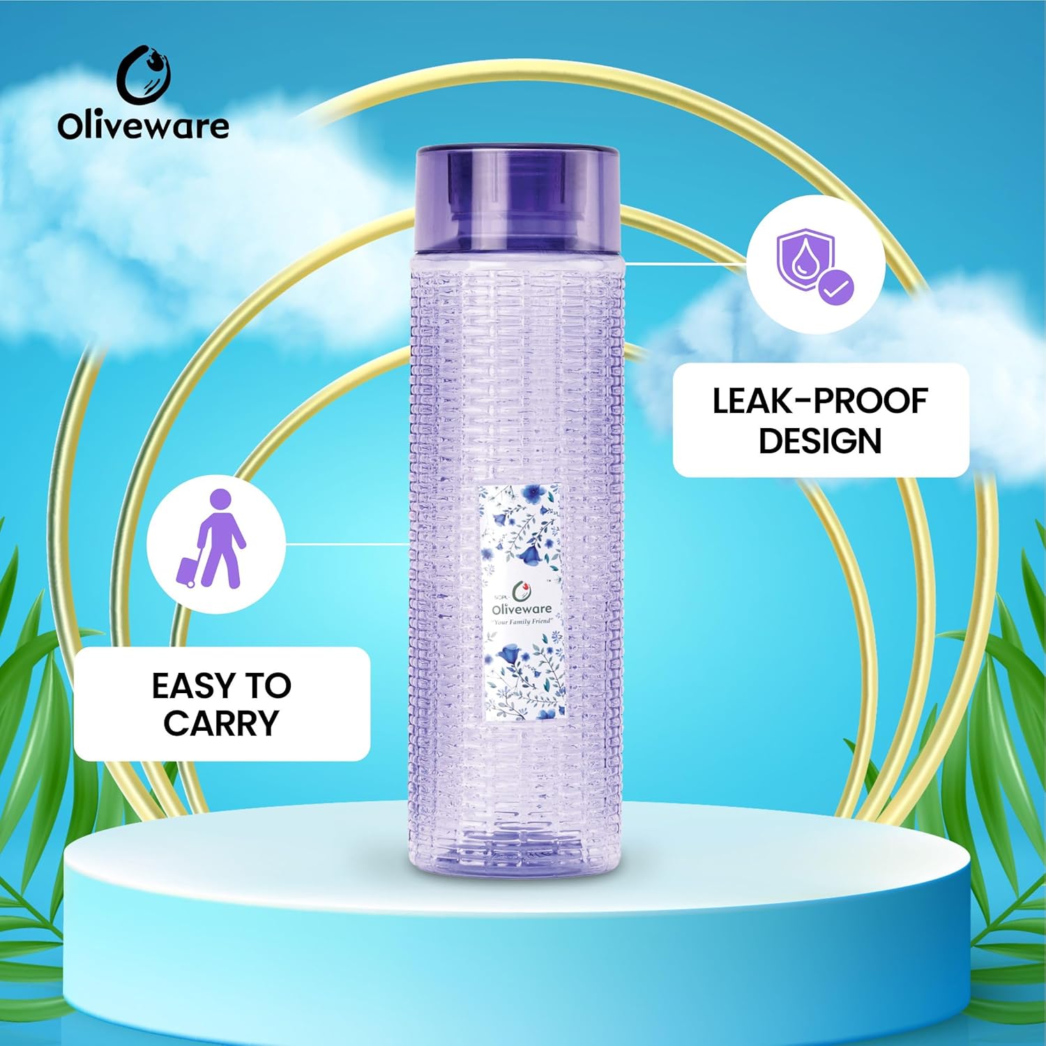 oliveware Round Water Bottle, BPA Free & 100% Leak Proof, 1 Litre Bottle, Better Grip, for Home & Office Use, Set of 6 - Multi
