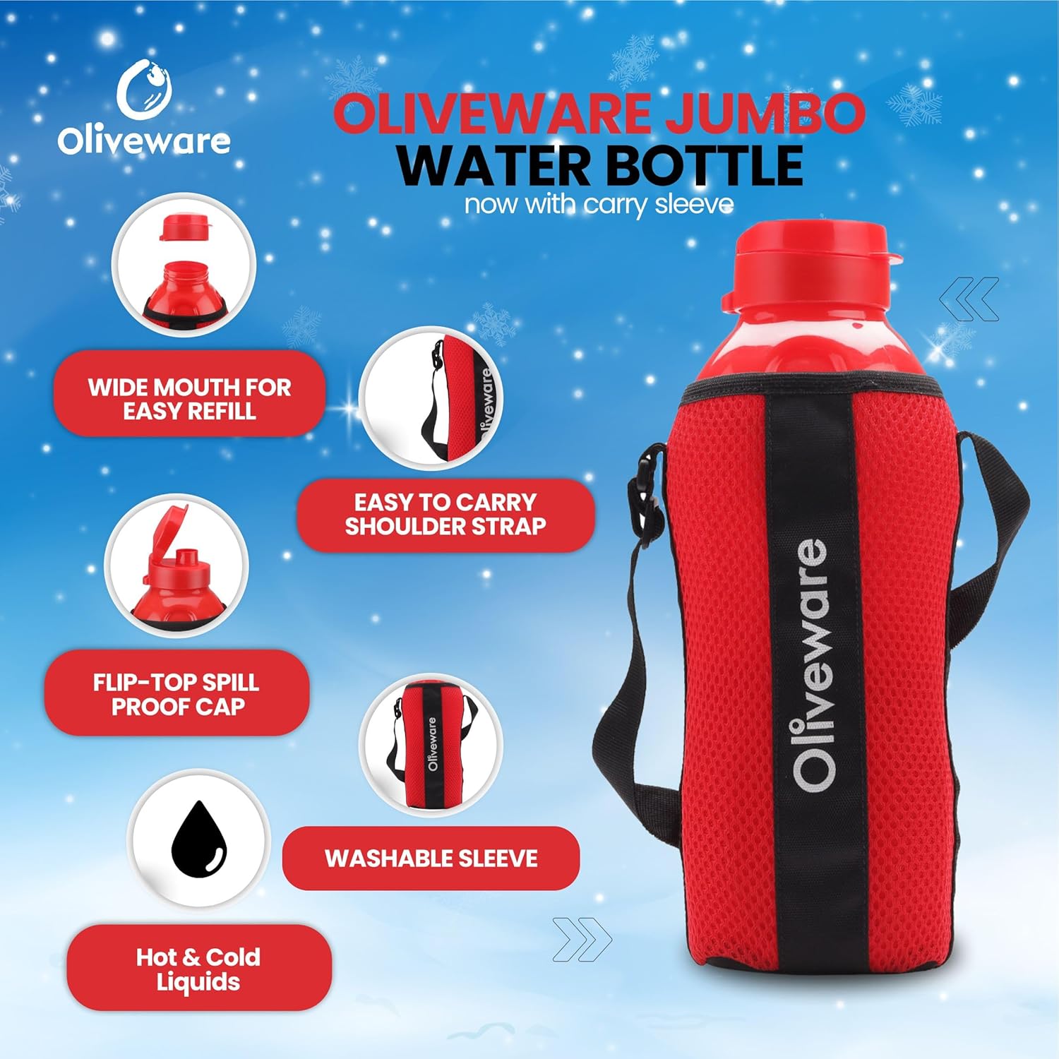 SOPL-OLIVEWARE Jumbo Water Bottle With Washable Carry Sleeve, Shoulder Strap, 2 Litre Bottle, BPA Free & Leak Proof, Fits in Fridge, Pack of 2 - Red