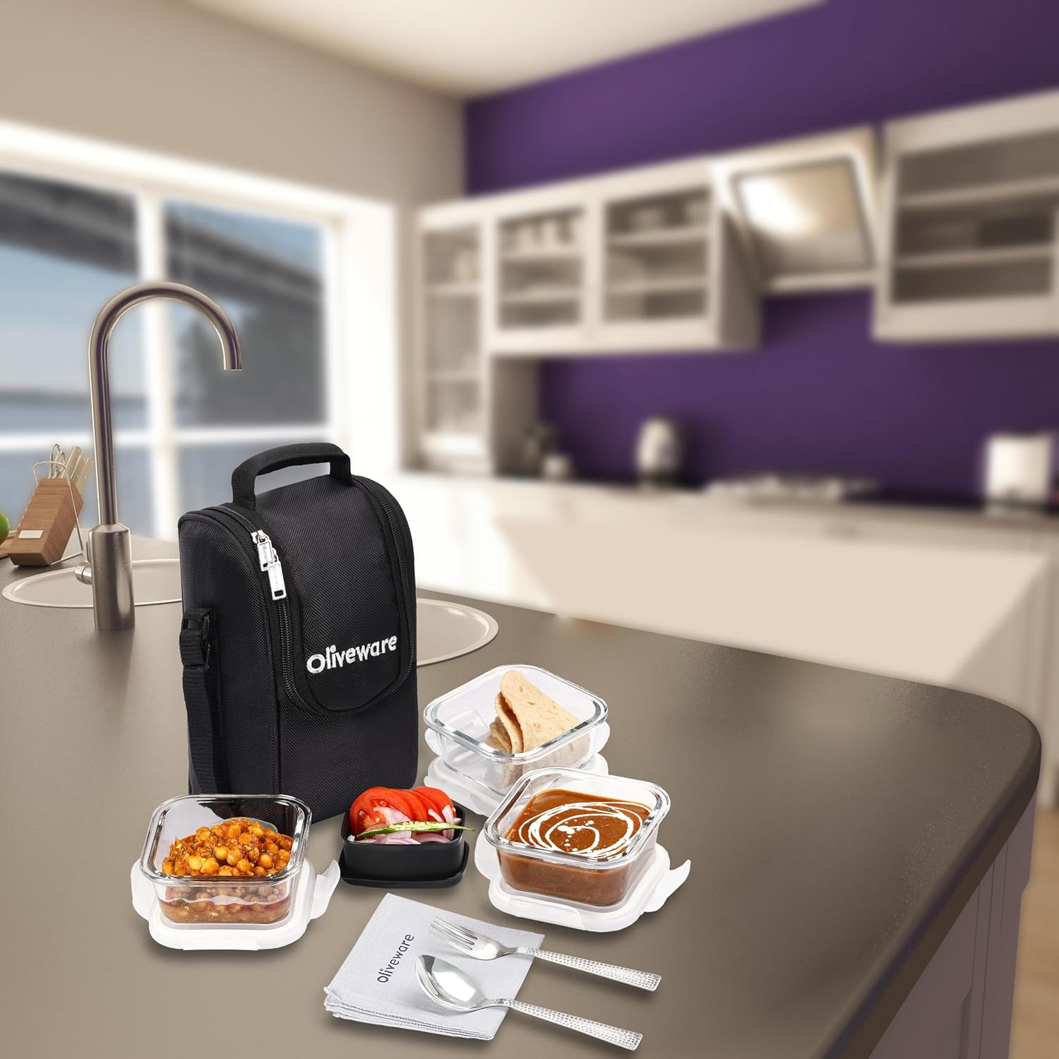 SOPL-OLIVEWARE Executive Glassware Lunchbox, Borosilicate Glass, Microwave & Freezer Safe, Set of 3 with BPA Free Lid (320ml) Each - Black