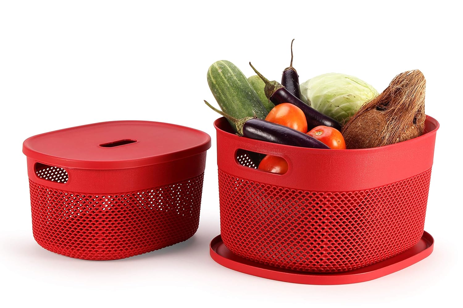 Oliveware Bingo Basket Stackable Storage Organiser With Lids For Clothes & Toys, BPA Free Plastic, Set of 2 Small & Big - (Maroon)