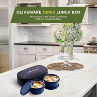 SOPL-OLIVEWARE Deniz Lunch Box, 2 Stainless Steel Containers (450 ml Each), Leak Proof & Microwave Safe, Insulated Fabric Bag, Full Meal & Easy to Carry (Blue)