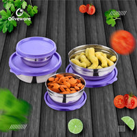 oliveware Elegant Combo Storage Containers, 100% Leak Proof and Dishwasher Safe, 4 Stainless Steel Containers with BPA Free Lid (2x450ml & 2x250ml) - Voilet