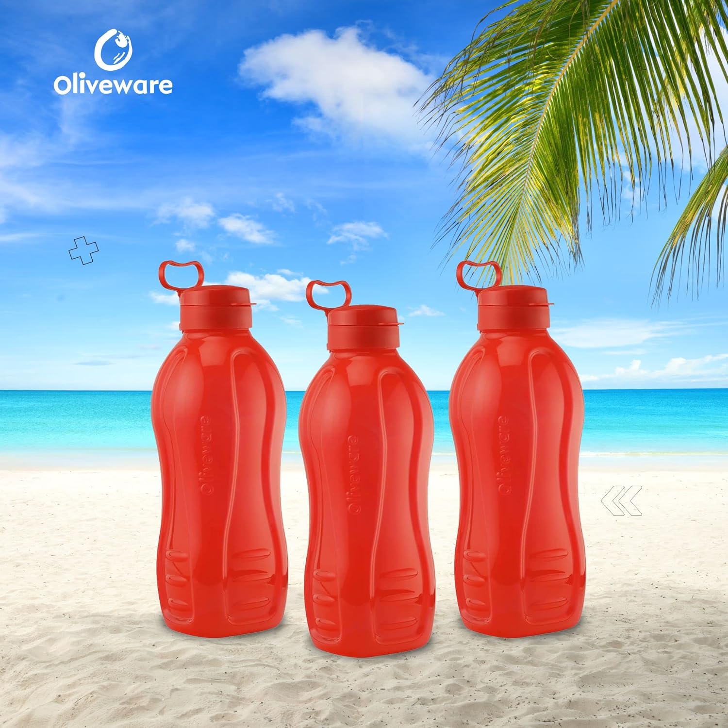 oliveware Jumbo 2 Litre Water Bottle, 100% Leak Proof, BPA Free Premium Plastic Bottle, for Home, Office & Gym, Sturdy with Holder, Pack of 3 (Red)
