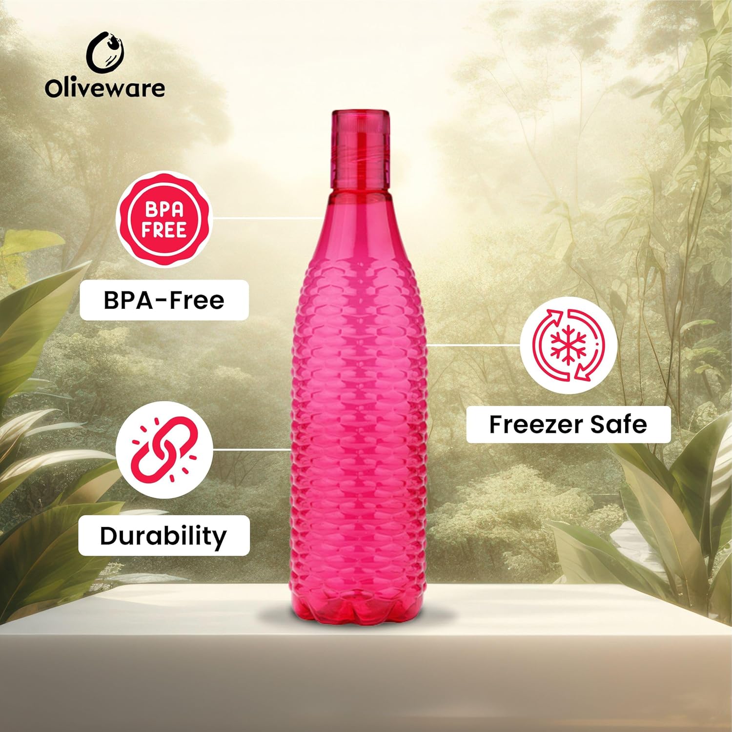 oliveware Premium Mosaic Range Plastic Water Bottle, 1L, Set of 6, Pink