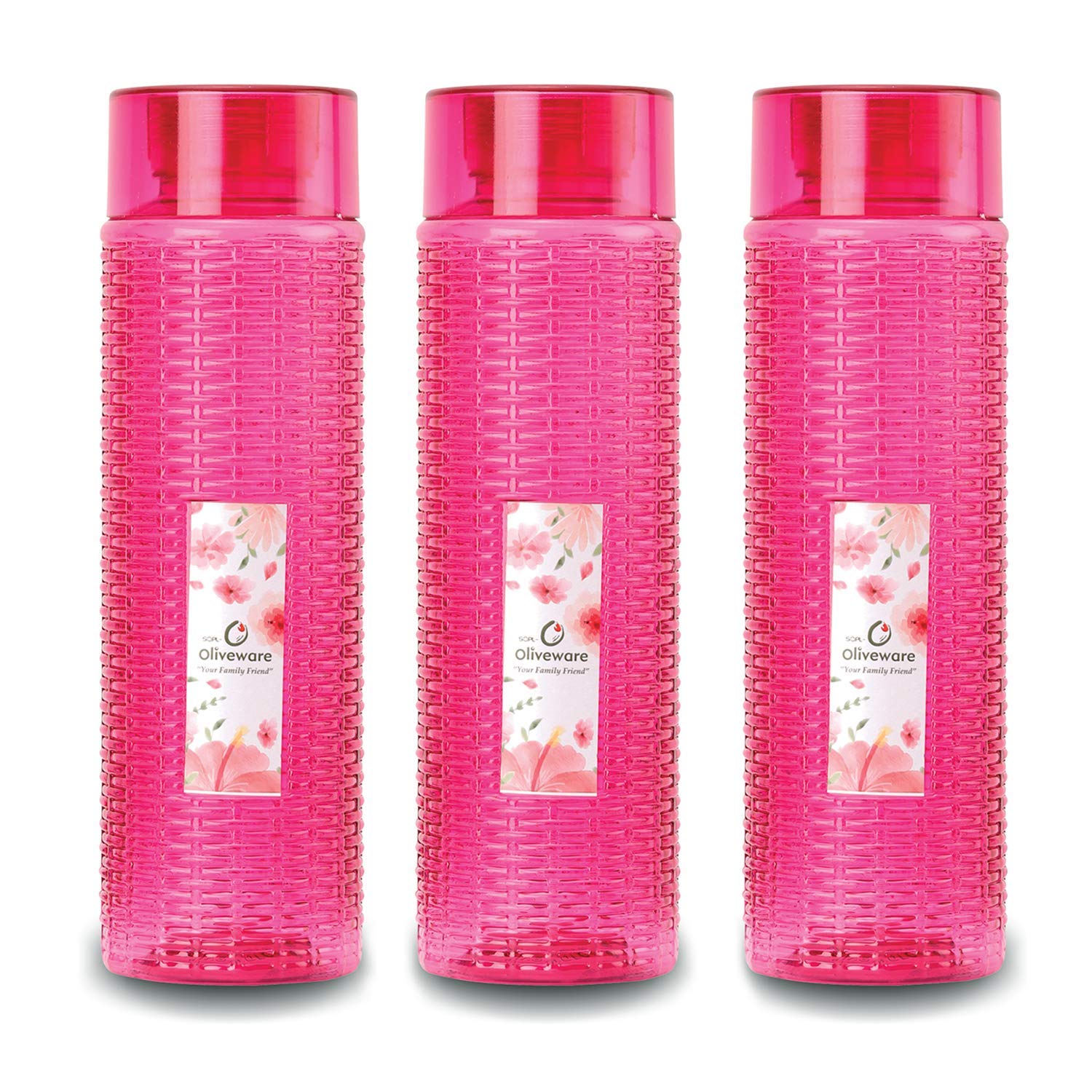 oliveware Round Water Bottle, BPA Free & 100% Leak Proof, 1 Litre Bottle, Better Grip, for Home & Office Use, Set of 3 - Pink