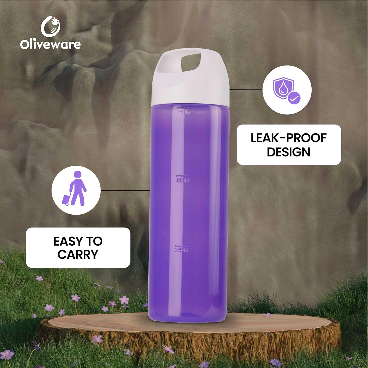 oliveware Hercules Water Bottle | Durable Plastic | Fits Bags & Fridge | 750 Ml Capacity | for Home & Office Use | With Easy Grip handle (Violet, 6)