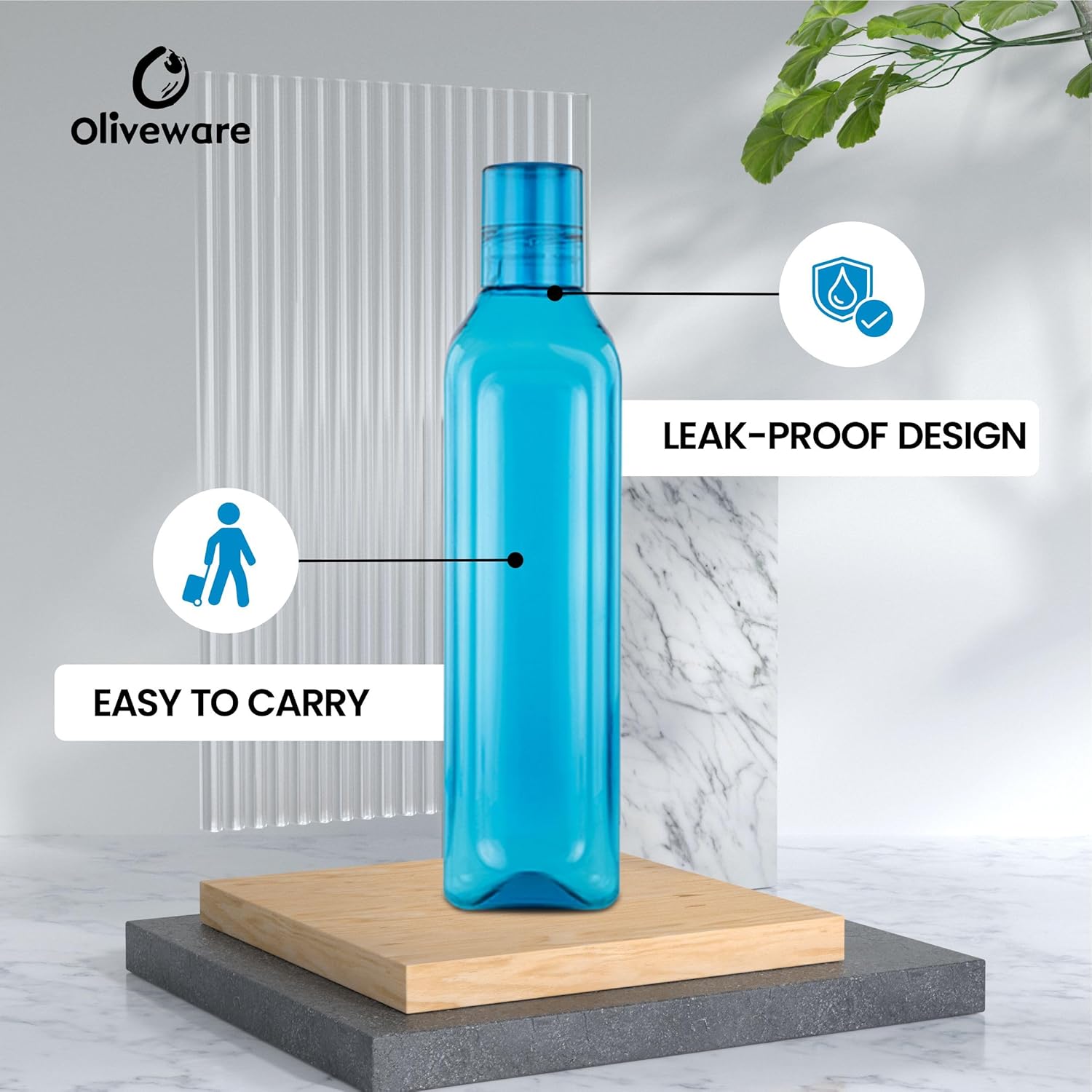oliveware Premium Plastic Water Bottle, 1L, Set of 6, Blue