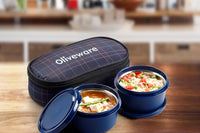 SOPL-OLIVEWARE Deniz Lunch Box, 2 Stainless Steel Containers (450 ml Each), Leak Proof & Microwave Safe, Insulated Fabric Bag, Full Meal & Easy to Carry (Blue)