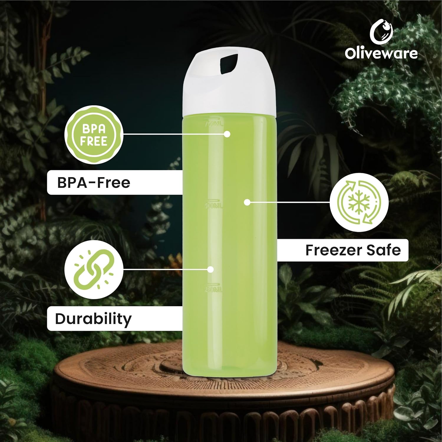 Oliveware Hercules Water Bottle | Durable Plastic | Fits Bags & Fridge | 750 Ml Capacity | for Home & Office Use | with Easy Grip Handle (Green, 3)