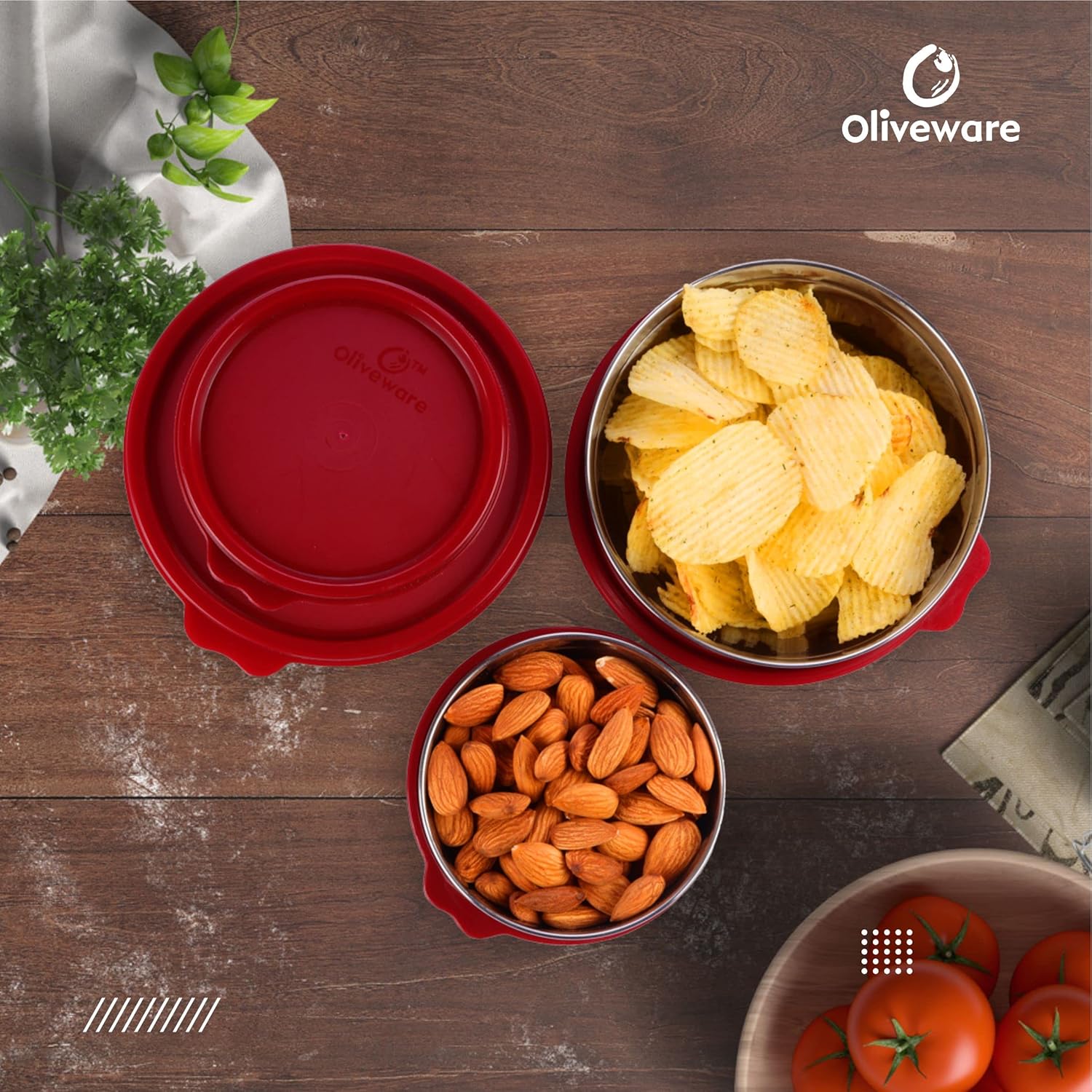 oliveware Elegant Combo Storage Containers, 100% Leak Proof and Dishwasher Safe, 4 Stainless Steel Containers with BPA Free Lid (2x450ml & 2x250ml) - Red