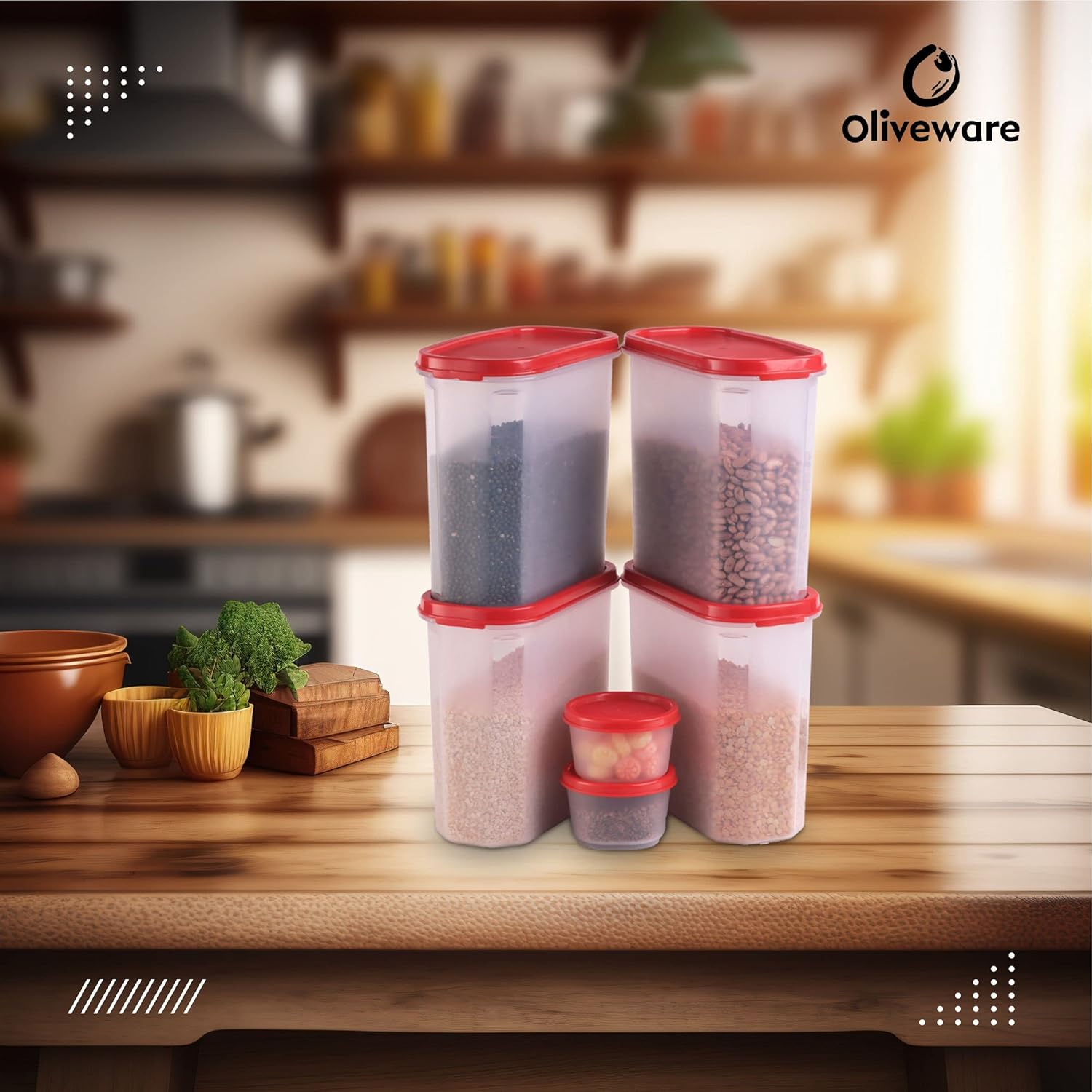 Oliveware Modular Storage Containers, BPA Free, For Pulses, Rice, Dal, Atta & Flour, Set of 6 (4x1800ml, 2x180ml) - Red