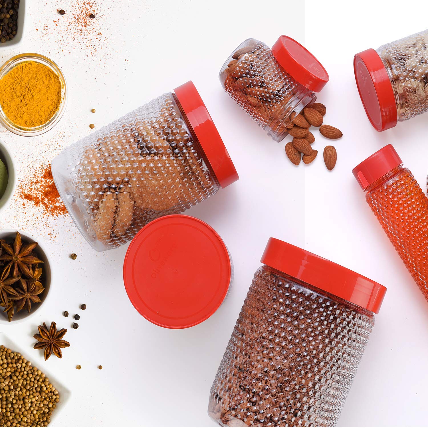 oliveware Honeycomb Range Kitchen Container, Air Tight Storage with Fridge Bottles, BPA Free, Set of 18 (15 Boxes + 3 Water Bottles) - Red