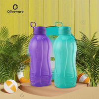 oliveware Jumbo 2 Litre Water Bottle, 100% Leak Proof, BPA Free Premium Plastic Bottle, for Home, Office & Gym, Sturdy with Holder, Pack of 2 (Purple & Blue)