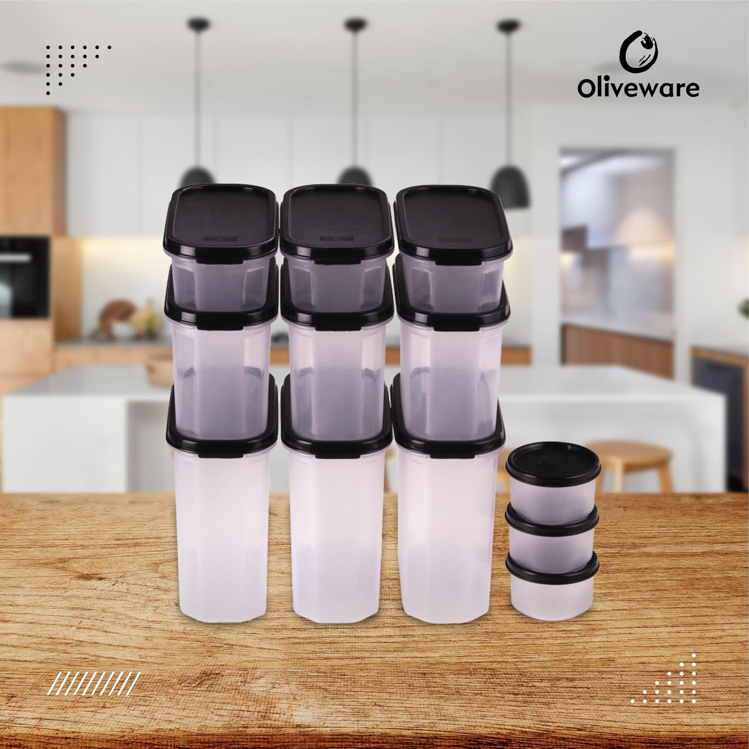 SOPL-OLIVEWARE Modular Storage Containers with Airtight Lid, BPA Free, For Pulses, Rice, Dal & Atta, Set of 12 (3x1800ml, 3x1200ml, 3x600ml & 3x180ml) - Black, Plastic