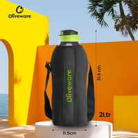 oliveware Polyethylene Terephthalate Sopl Jumbo Water Bottle With Washable Carry Sleeve, Shoulder Strap, 2 Litre Bottle, Bpa Free & Leak Proof, Fits In Fridge, Pack Of 1 (Black_Green)