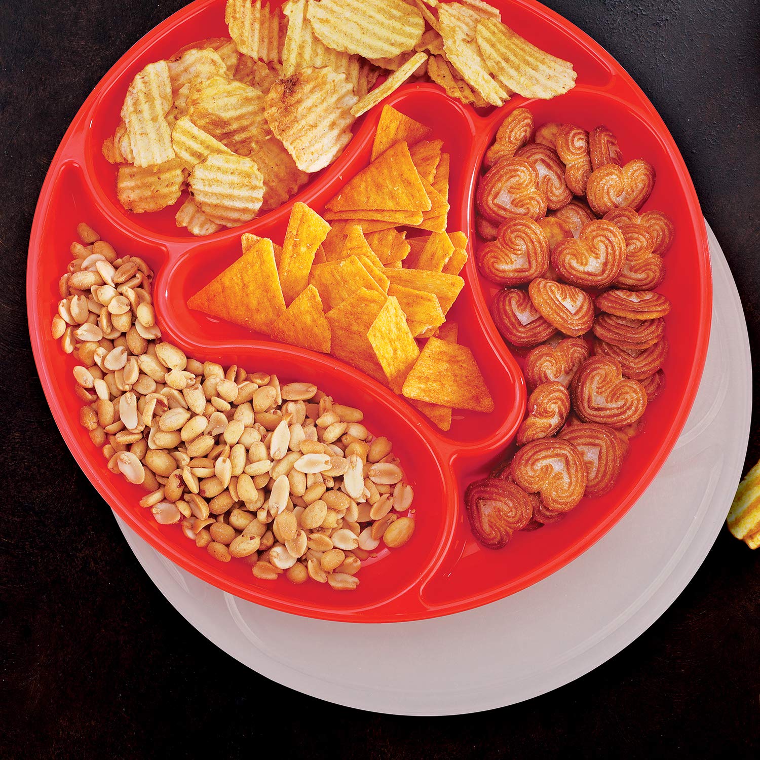 oliveware Majestic Snaks & Dry Fruit Candy Tray with Airtight Lid, BPA Free Plastic, 4 compartments (4x300 ml), Store & Serve - Red