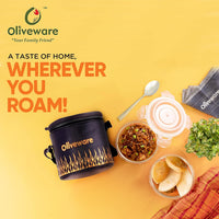 SOPL-OLIVEWARE Sizzle Glassware Round Lunchbox, Borosilicate Glass Containers, Microwave Safe & Leak Proof, 2 Containers with BPA Free Lids (400ml) Each - (Fire, Black_Orange)