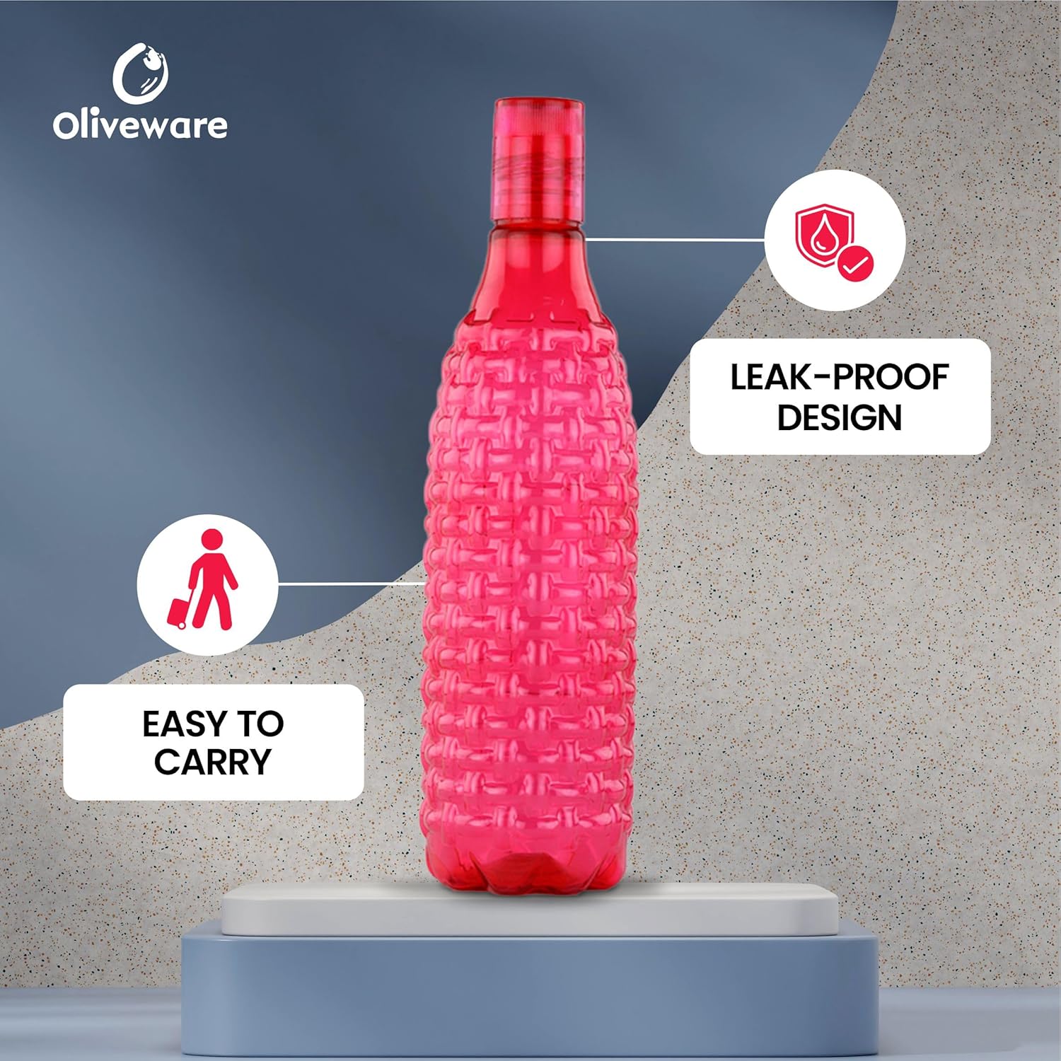 oliveware Premium Plastic Water Bottle, 1L, Set of 6, Pink