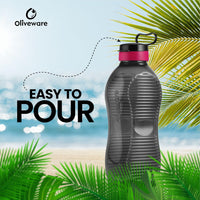 Oliveware King 2 Litre Water Bottle | For Home, Office & Gym | 2000 ML Jumbo Size | Sturdy with Holder | BPA Free Premium Bottle | Best Big 2L Bottle - Black Pink