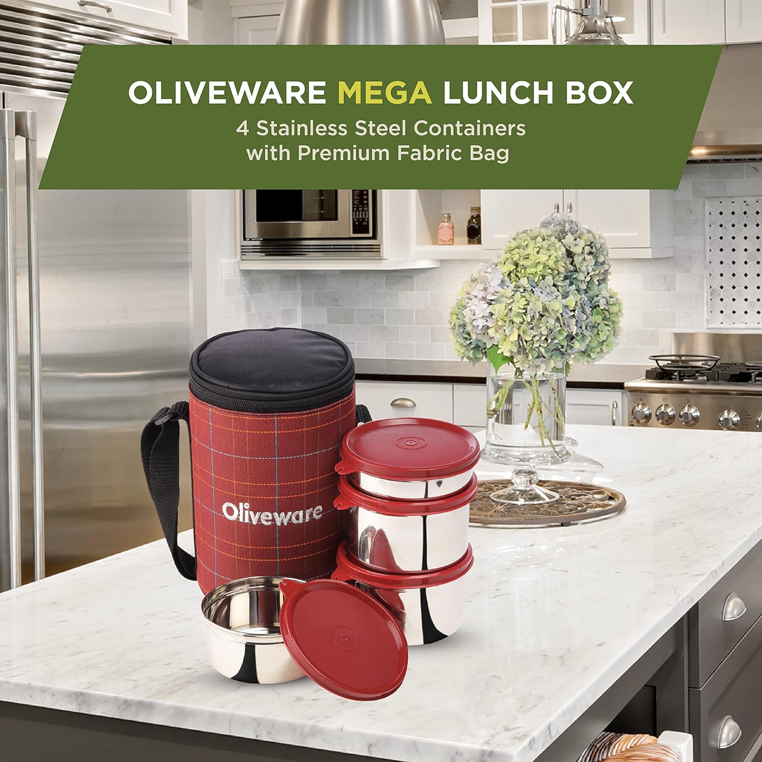 SOPL-OLIVEWARE Mega Lunch Box, 100% Leak Proof, 4 Stainless Steel Containers with BPA Free Airtight Lids (300ml, 450ml, 2x600ml), Fabric Bag - Red
