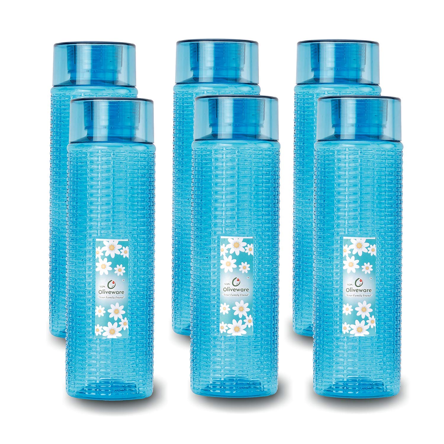 oliveware Round Water Bottle, BPA Free & 100% Leak Proof, 1 Litre Bottle, Better Grip, for Home & Office Use, Set of 6 - Blue