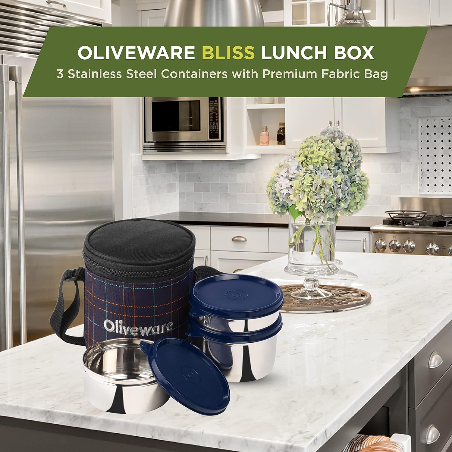 SOPL-OLIVEWARE Bliss Lunch Box, 100% Leak Proof, 3 Stainless Steel Containers with BPA Free Airtight Lids (300ml, 450 ml, 600 ml), Fabric Bag - Blue