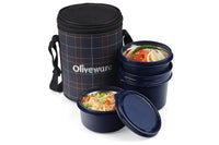 SOPL-OLIVEWARE Infinite Lunch Box, Microwave Safe & Leak Proof, 3 Inside Steel Containers with BPA Free Lids (290ml, 450ml & 600ml), Fabric Bag - Blue