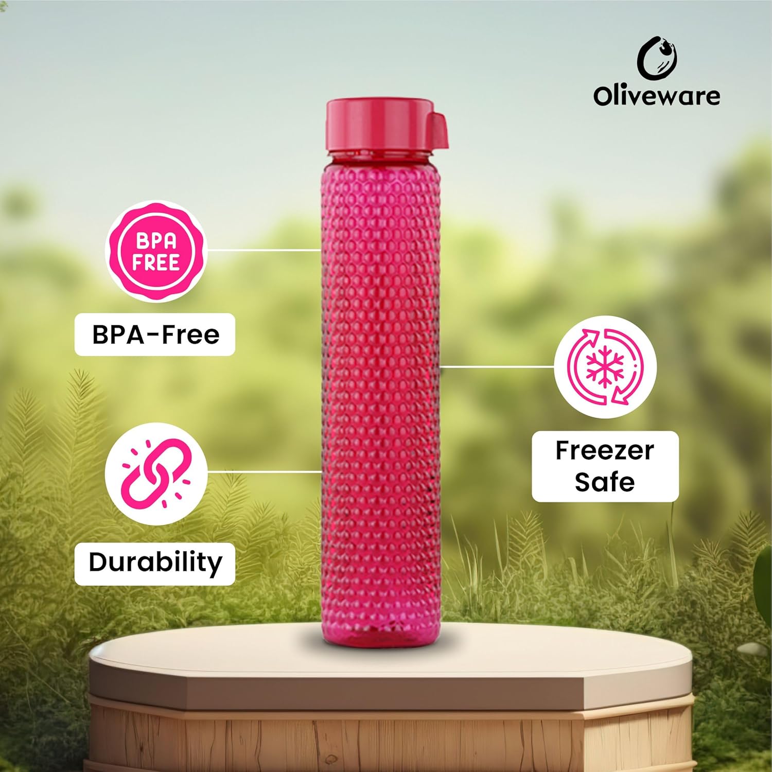 oliveware Premium RIDGED Range Plastic Water Bottle, 400ml, Set of 6, Pink