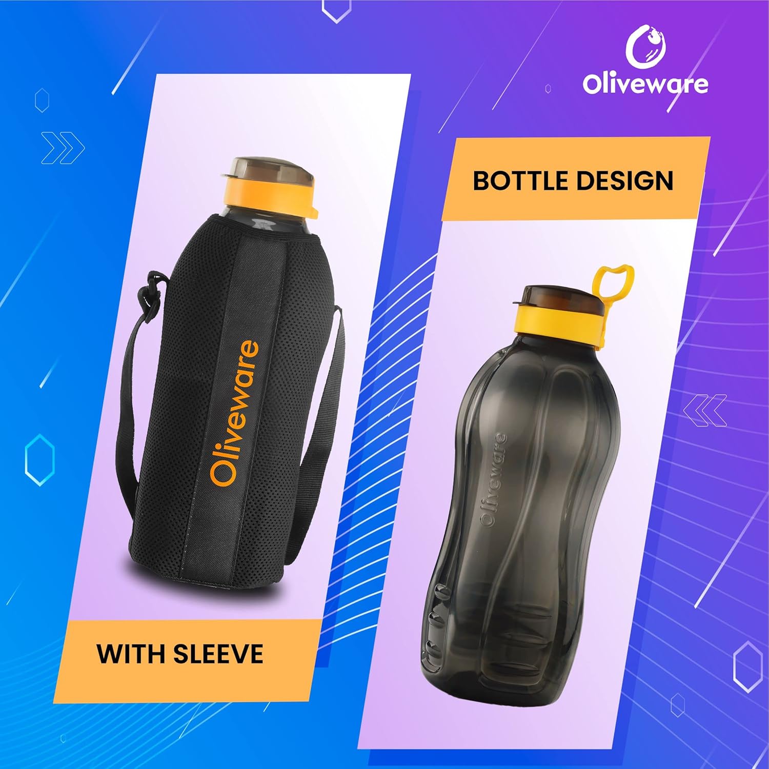 Oliveware Jumbo Water Bottle with Washable Carry Sleeve Shoulder Strap Bag, BPA Free & Leak Proof, Stretchable Sleeve Fits in Fridge (Black - Yellow, 2 L)