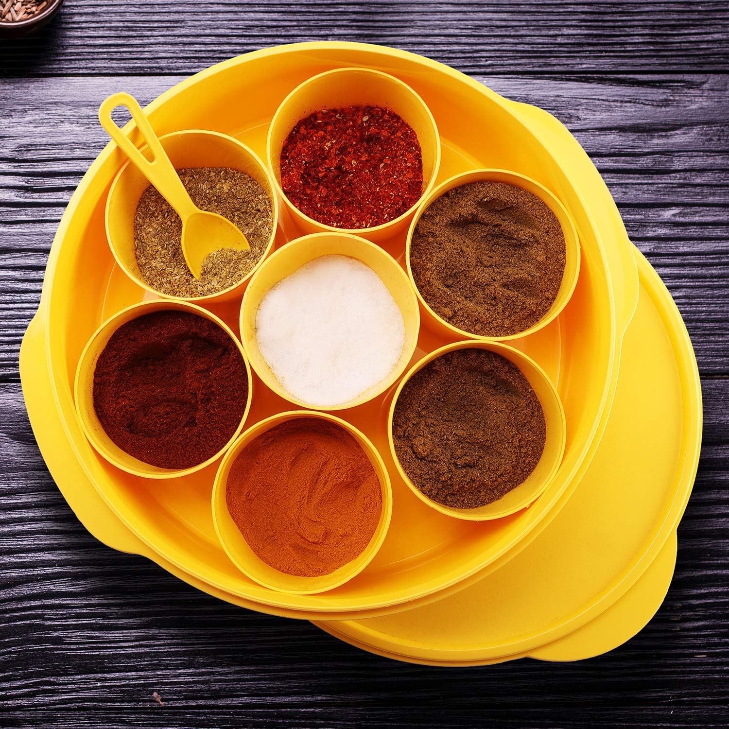 oliveware with Device Plastic Masala Box with Spoon - 700 microliters, 7 Containers with Spoon, Yellow