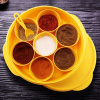 oliveware with Device Plastic Masala Box with Spoon - 700 microliters, 7 Containers with Spoon, Yellow