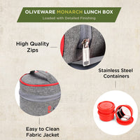 SOPL-OLIVEWARE Monarch Lunch Box, Microwave Safe & Leak Proof, 3 Inside Steel Containers with BPA Free Airtight Lids (290ml, 450ml & 450ml), Fabric Bag - Red