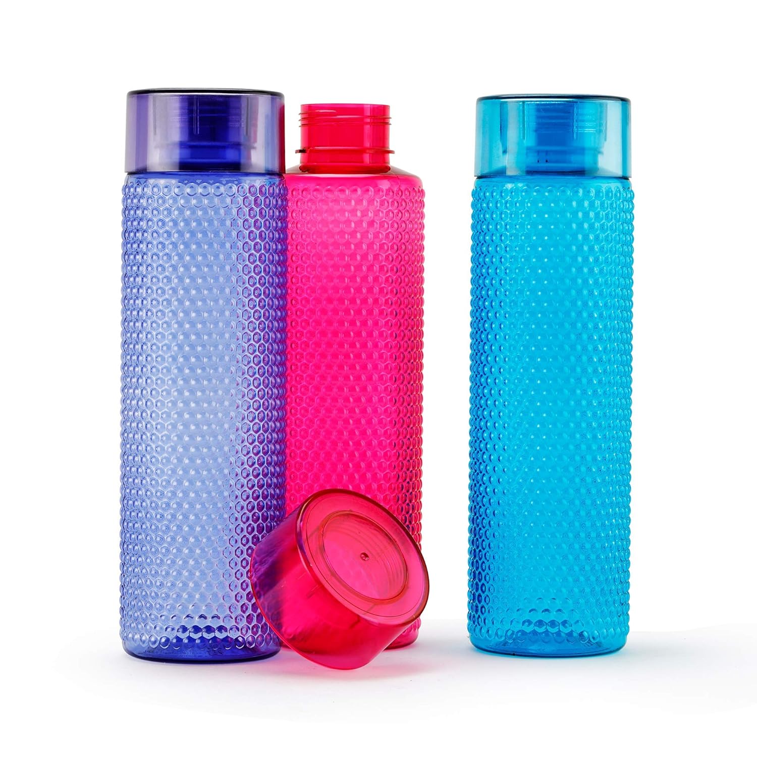 Oliveware Honey Comb 1000 ml Sturdy and Unbreakable Water Bottle with Round Cap (Blue) -Pack of 6