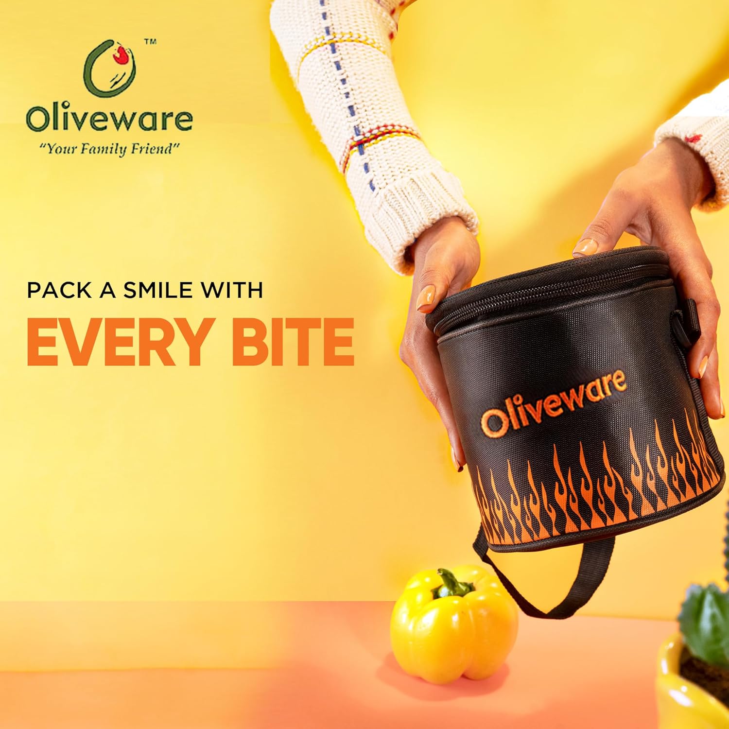 SOPL-OLIVEWARE Sizzle Glassware Round Lunchbox, Borosilicate Glass Containers, Microwave Safe & Leak Proof, 2 Containers with BPA Free Lids (400ml) Each - (Fire, Black_Orange)