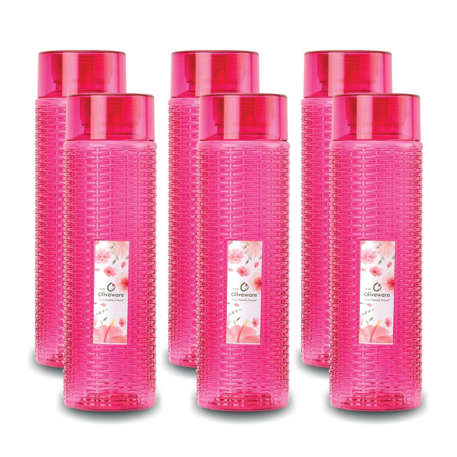 oliveware Round Water Bottle, BPA Free & 100% Leak Proof, 1 Litre Bottle, Better Grip, for Home & Office Use, set of 6 - Pink