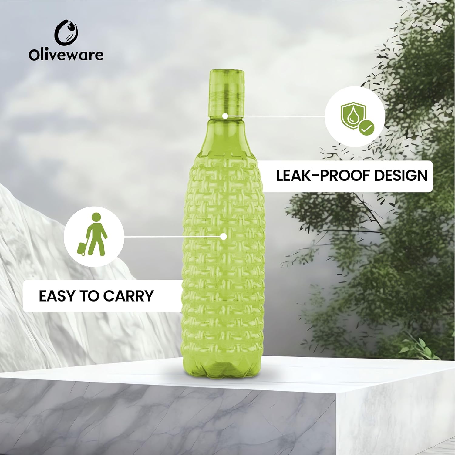 oliveware Premium Plastic Water Bottle, 1L, Set of 3, Green