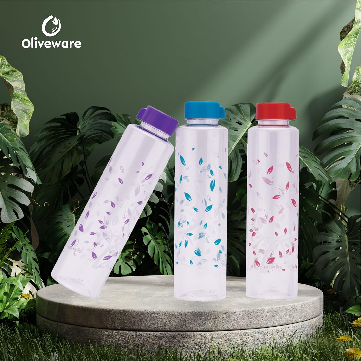 oliveware Elegant Range Premium PET Water Bottle With Better Grip, BPA Free & 100% Leak Proof, 1 Litre Bottle, For Home & Office Use, Pack of 6 - Green