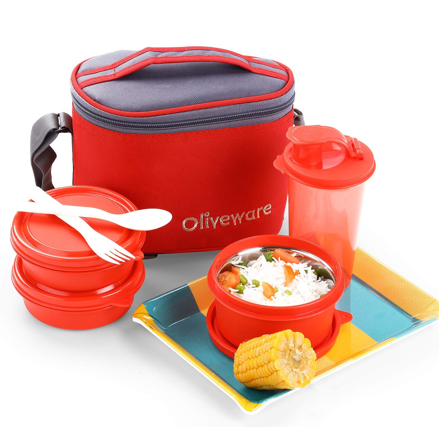 oliveware Groove Lunch Box, Microwave Safe and Leak Proof, 3 Inner Steel Containers with BPA Free Airtight Lid (2 * 290ml & 450ml), Plastic Tumbler (450ml), Plastic Cutlery - Red