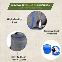 SOPL-OLIVEWARE Monarch Lunch Box with Bag, Microwave Safe & Leak Proof, 3 Inside Steel Containers & BPA Free Airtight Lids (290ml, 450ml & 450ml), Fabric Bag - Blue