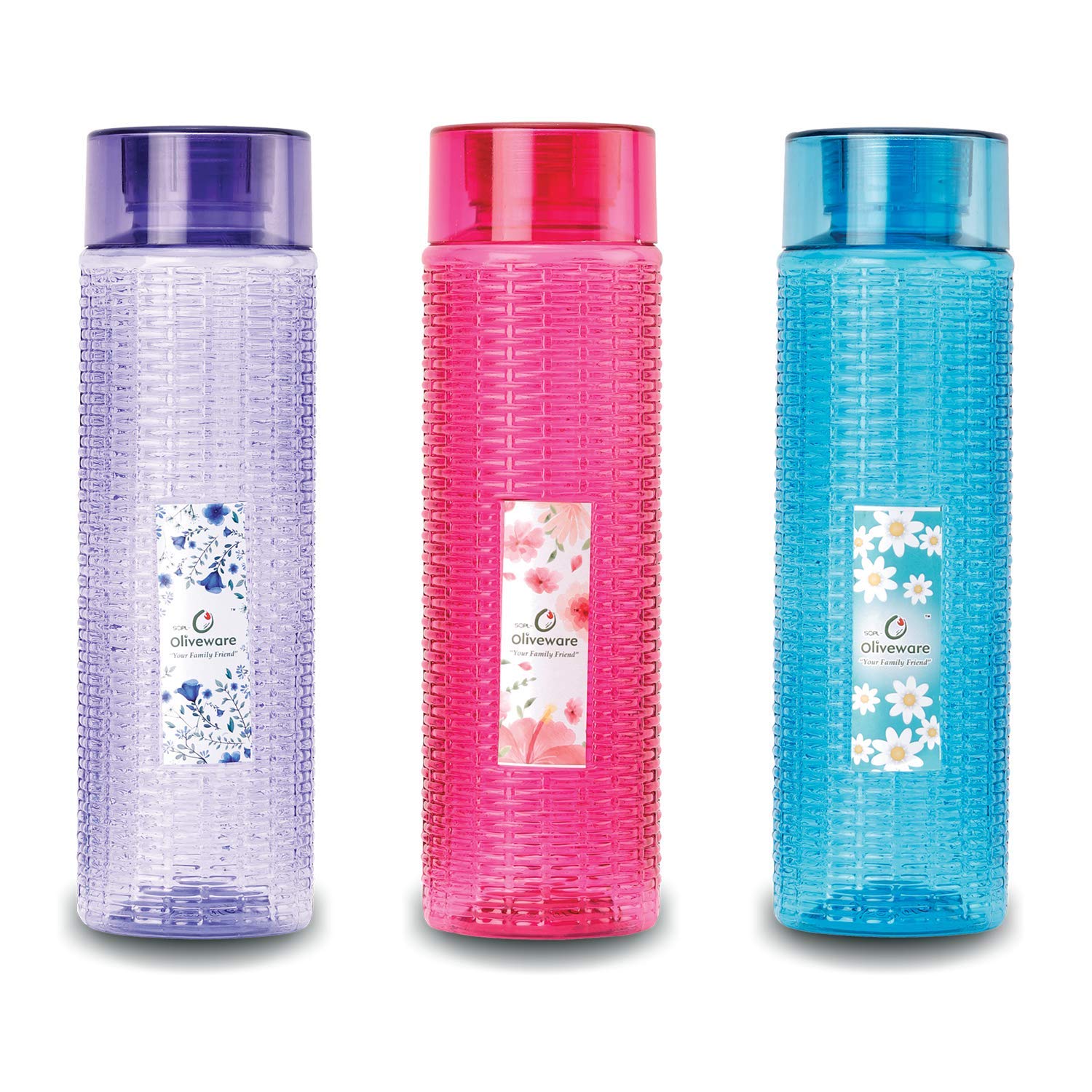 oliveware Round Water Bottle, BPA Free & 100% Leak Proof, 1 Litre Bottle, Better Grip, for Home & Office Use, set of 3 - Multi