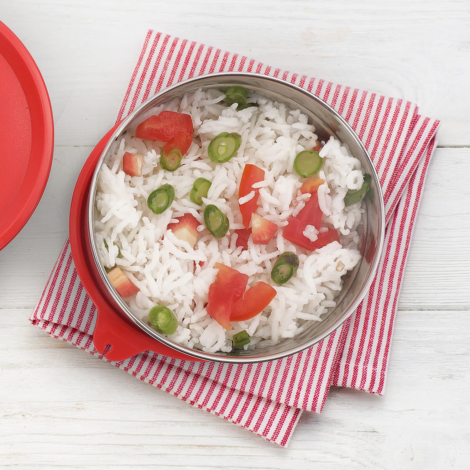 oliveware Magic Storage Containers, 100% Leak Proof and Spill Proof, 2 Stainless Steel Containers with BPA Free Airtight Lid (450ml Each) - Red