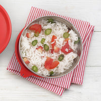 oliveware Magic Storage Containers, 100% Leak Proof and Spill Proof, 2 Stainless Steel Containers with BPA Free Airtight Lid (450ml Each) - Red