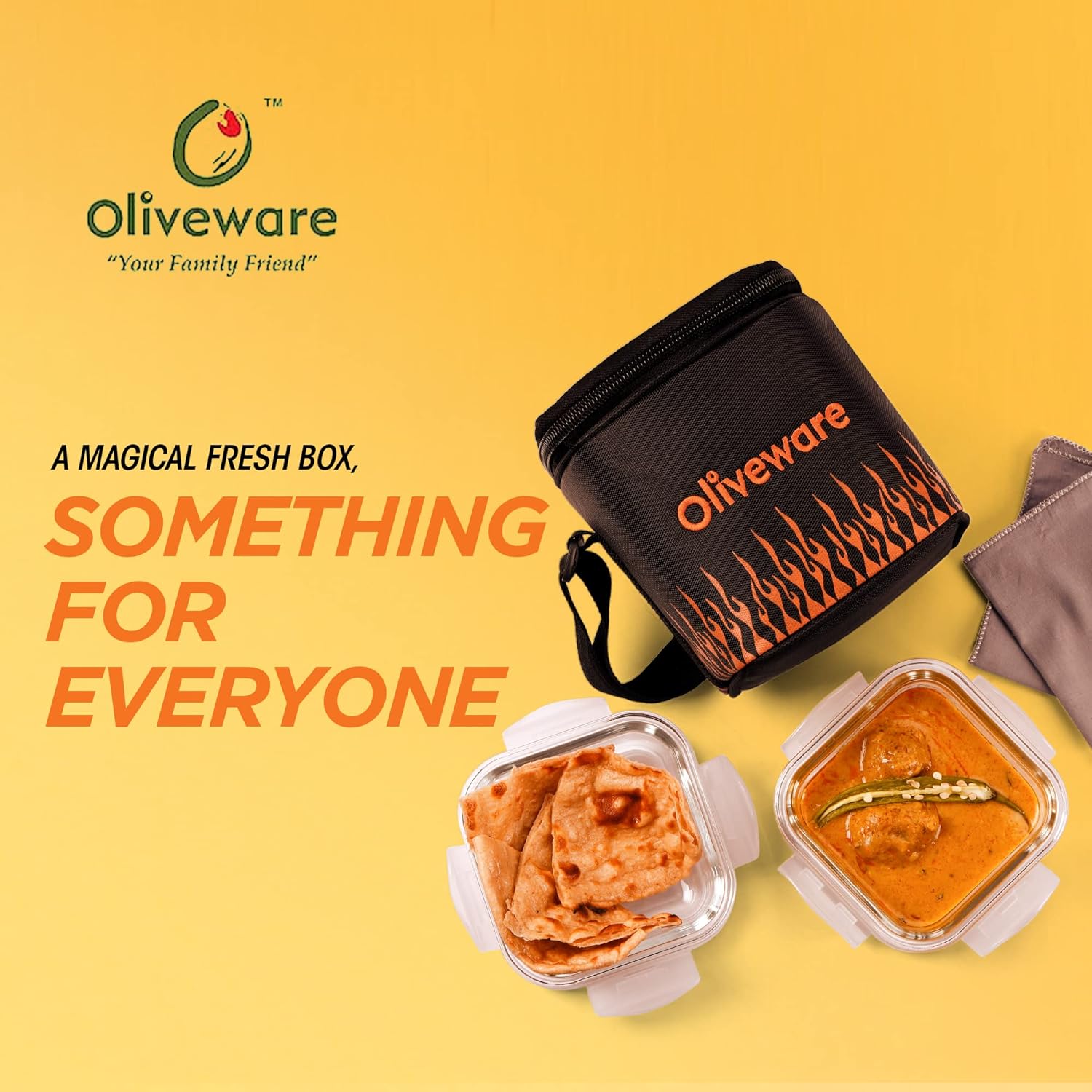 SOPL-OLIVEWARE Blaze Glassware Lunchbox with Napkin, Borosilicate Glass & Microwave Proof, Safety Lock Airtight Square Tiffin Storage, 2 Container in 320 ml Each - Black_Orange